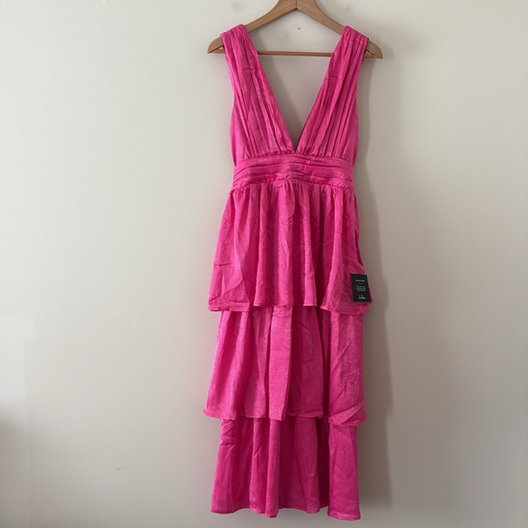 New Lulus Peak Party Vibe Hot Pink Satin Tiered Tie-Back Midi Dress Size S - Picture 3 of 13